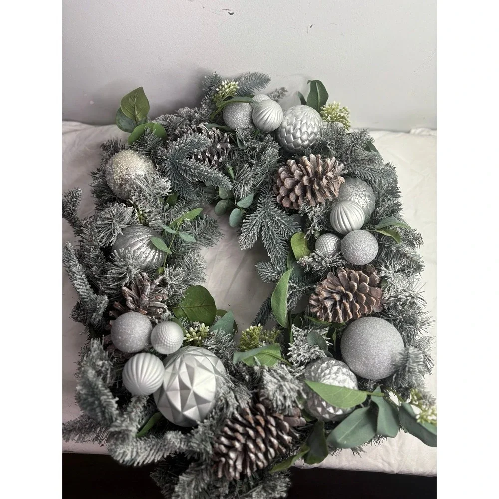 Large frosted  decorated pre lit Artificial Christmas Wreath with Iridescent Orn